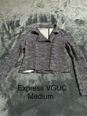 Express Moto Jacket Womens Medium Black & White Textured Knit Full Zip